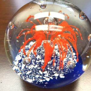 Vintage Art Glass Orange and Cobalt Blue Paperweight